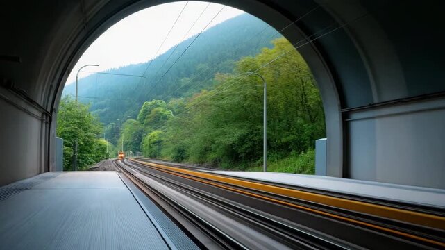 High-speed train exiting tunnel in scenic mountain landscape
