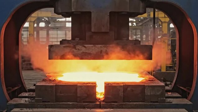 Molten Metal Forging: Industrial scene showcasing the powerful forging process where molten metal is shaped with precision under immense pressure, with heat and glow.