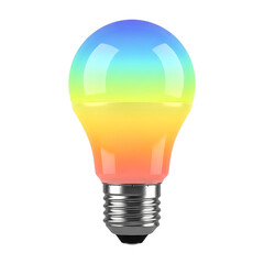 A vibrant, glowing lightbulb displays a smooth gradient of colors, ranging from blue to orange. It sits against a black background