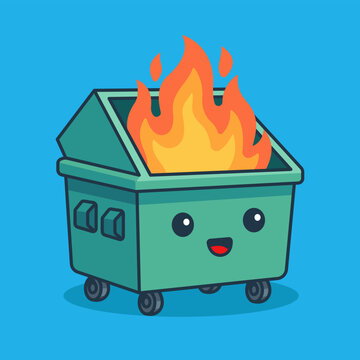 Cartoon Dumpster Fire Green Metal Burning on Blue Background