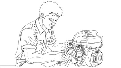 Mechanic Line Art — Worker Crouched Repairing Small Engine, Minimal Continuous Vector Illustration