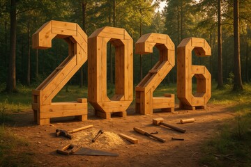 Giant wooden 2026 digits in forest, natural light, carpentry concept