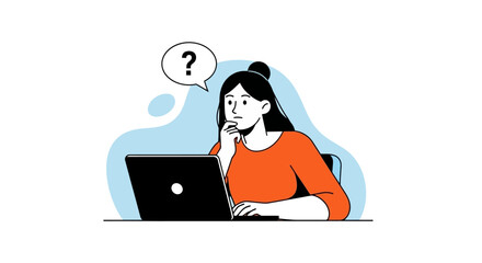 Confused Woman with Laptop Questioning, Uncertain about Decision Making, Seeking Clarity
