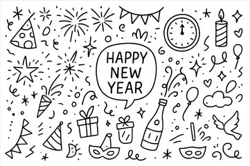 Hand-drawn doodle vector collection celebrating the New Year, created in a playful sketch style, isolated on white background
