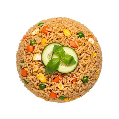 A vibrant overhead view of a delicious, appetizing pile of fried rice, garnished with fresh cucumber and basil leaves