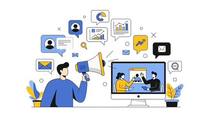 Digital Marketing Campaign Illustration with Megaphone and Online Business Presentation
