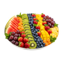 A vibrant platter showcasing a rainbow of fresh, sliced fruits. Features watermelon, grapes, berries, kiwi, mango, and pineapple artfully arranged