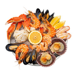 A vibrant seafood platter showcasing crab legs, shrimp, scallops, and mussels alongside lemon wedges