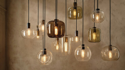 Assorted hanging pendant lights in sculptural clear glass and brushed metal finishes with exposed filament bulbs, set against a textured beige wall
