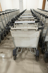 Neatly lined airport luggage carts with black handles ready for travelers