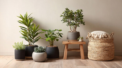 Group of indoor artificial plants with minimalist grey and black planters placed on a light wood floor, accompanied by a wicker basket and a small crochet stool