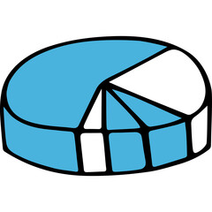 Blue and white 3d pie chart graphic with black outline on transparent background represents data and analytics