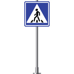Blue and white square pedestrian crossing street sign with pictogram of person walking on striped crosswalk mounted on a silver pole against a clean white background