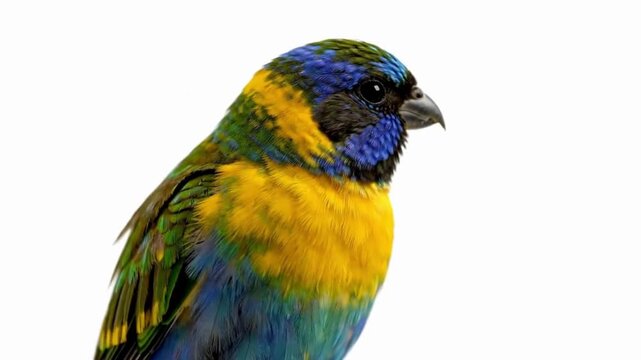 Photorealistic Close-Up of a Small Colorful Bird Turning Head on White Background
