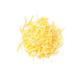 Pile of grated cheese isolated on white, top view