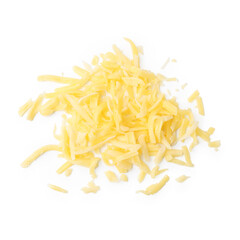 Pile of grated cheese isolated on white, top view