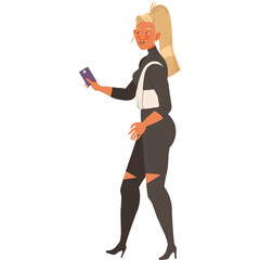Blonde Woman In Black Outfit Holding A Purple Cell Phone And A White Purse While Standing On A Transparent Background
