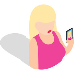 Blonde Woman in Pink Top Taking a Selfie with Her Smartphone Showing a Happy Face and Red Lipstick with a Dark Shadow on a White Background Isolated
