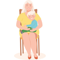 Blonde Woman In Yellow Dress Holding Smiling Young Boy In Blue Shirt And Green Pants Sitting On Chair With Transparent Background