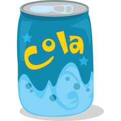 Blue aluminum can with yellow cola lettering and bubbly liquid design a refreshing beverage concept with a transparent background