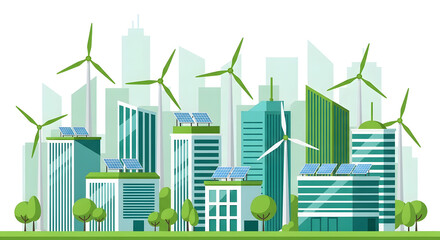 Green city with wind turbines and solar panels on buildings.