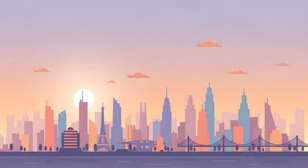 A flat design vector illustration of a modern city skyline with iconic landmarks at sunset or sunrise.