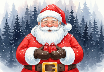 Charming watercolor illustration of Santa Claus holding a gift in a winter forest