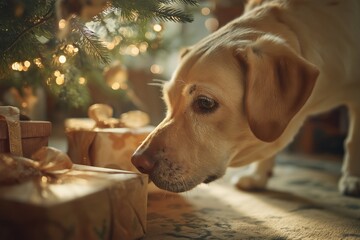 Labrador dog curiously sniffing wrapped gifts under a beautifully decorated Christmas tree, surrounded by warm lights and festive atmosphere, capturing holiday spirit and joy