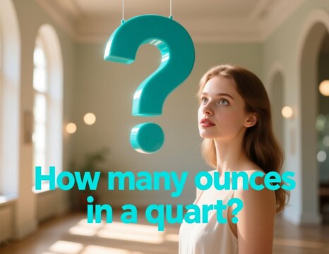 A young woman looks up at a hanging teal question mark while pondering how many ounces are in a quart in a sunlit hallway