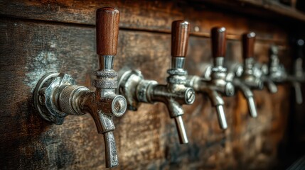 Keg Tap Handle. Row of Beer Taps in a Rustic Bar Setting