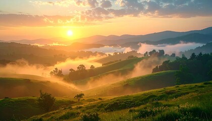 Obraz premium Realistic sunrise over misty hills, soft morning light, natural fog, vibrant yet calm atmosphere, ultra-clear 8K landscape photography