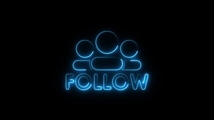 Neon blue glowing follow icon with stylized people silhouettes on black background abstract social media engagement - Powered by Adobe