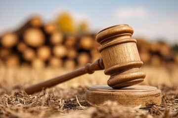 Land Auction. Wooden Gavel on Law Themed Background