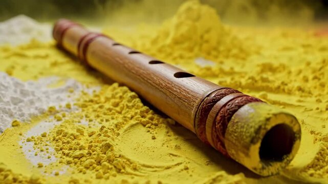 Traditional Indian Bansuri Flute on a Bed of Yellow Holi Gulal Powder.