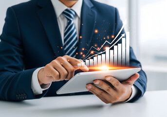 Businessman analyzing financial growth on tablet with stock market chart overlay