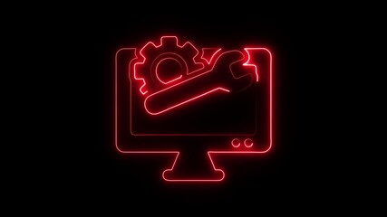 Red neon computer monitor with wrench and gear icon symbolizing technical support repair maintenance and I T services