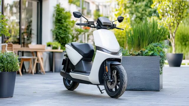 Sleek electric scooter modern outdoor urban setting surrounded by lush greenery and stylish