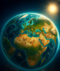 태양빛 아래에서 본 지구의 사실적인 우주 이미지, 지구, 우주, 태양, 행성, 환경, 지리, 지구과학, 우주여행, 자연, 지도,Realistic view of Earth and Sun from space with detailed continents and glowing atmosphere