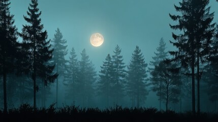 Fototapeta premium Full moon shining brightly over a dark forest scene, creating a mysterious and spooky atmosphere. Natural landscape for Halloween or horror concept.