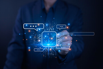 Businessman touching virtual AI chatbot interface with digital circuit, illustrating artificial intelligence, machine learning, and data technology innovation in modern business communication.