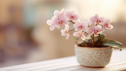 Pink orchid flower in pot on blur background. Home decoration plant that adds beauty to an indoor space. Decorative floral element design.