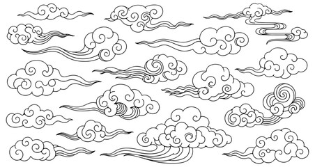 Chinese cloud vector elements set. Linear clip art oriental Japanese, Thai, Tibetan, Korean style clouds.	