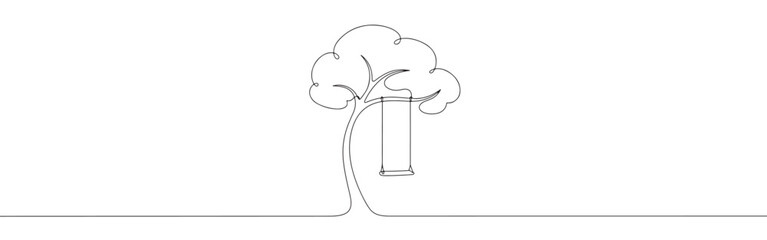 Minimalist continuous line art of a tree with a swing, evoking childhood memories and tranquility.