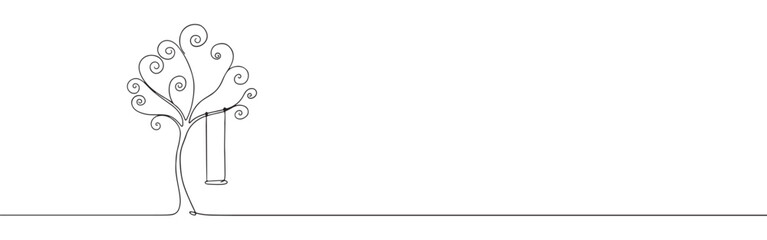 Minimalist continuous line art of a tree with a swing, evoking childhood memories and tranquility.