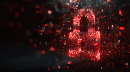 Red digital padlock made of particles. Data security and privacy concept with abstract technological background. Cybersecurity icon for information protection.