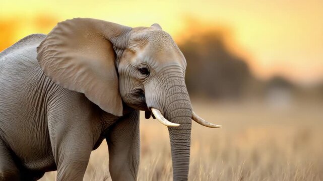 Majestic elephant golden sunset over grassland, showcasing beauty of wildlife and natures grandeur