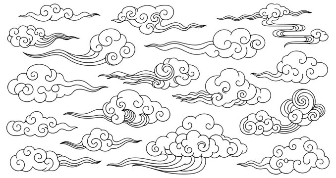 Chinese cloud vector elements set. Linear clip art oriental Japanese, Thai, Tibetan, Korean style clouds.	