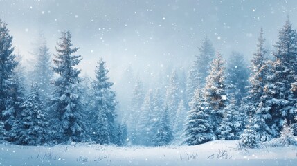 Fototapeta premium Winter forest with falling snow and pine trees covered in frost. Cold season nature landscape for holiday background or winter event.