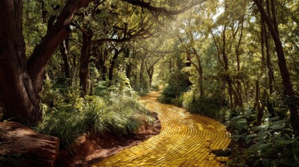 Naklejka premium Magical yellow brick road winding through an enchanted forest with sunlight filtering through lush green trees. Fantasy landscape for story and adventure.