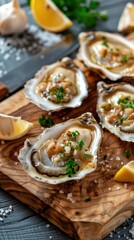 Smoked oysters on a rustic wooden board with lemon sauce and fresh herbs in a coastal setting
